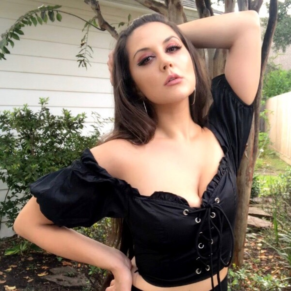 Off the Shoulder Ruffle Trim Laced Up Crop Top - Black